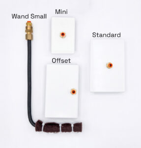 Three white wall switch panels labeled Wand Small, Mini and Standard displayed on a white background for size comparison.