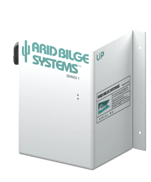Arid Bilge Systems Series 1 current enclosure with a white painted body and turquoise cactus logo.