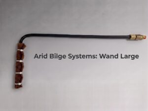 Long black hose with a brass connector on the right and a fabric-wrapped handle on the left, part of an Arid Bilge Systems wand.