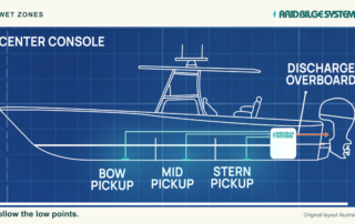 Original center-console layout illustration showing bow, midship and stern pickup locations and an overboard discharge.