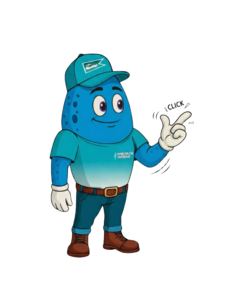 Dryver mascot wearing a teal cap and teal shirt, smiling, with one hand raised making a clicking/pointing gesture.