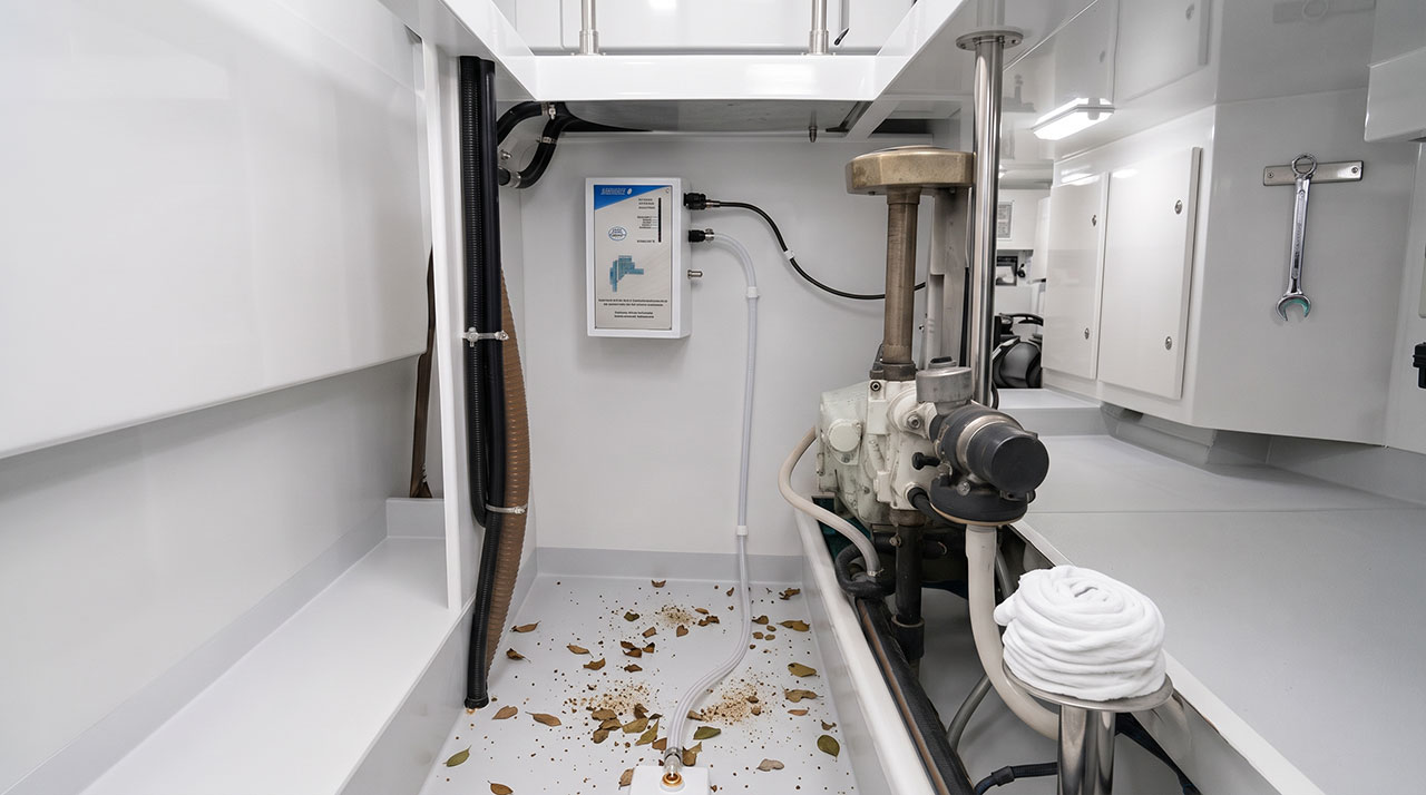 debris-in-floor-surrounding-pickup - Arid Bilge Systems Example of debris in the bilge surrounding the pick up.