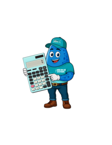 Dryver mascot wearing a teal cap and shirt, holding a large calculator with a friendly smile.