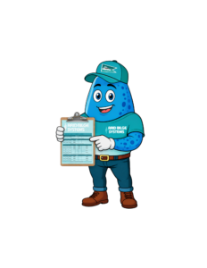 Dryver mascot in a teal cap and shirt, smiling and holding a clipboard labeled Arid Bilge Systems.