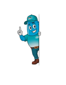 Dryver mascot water bottle mascot wearing a teal cap, raising one finger as if making a point.