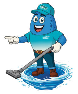 Dryver mascot water-cleanup mascot wearing a teal cap and shirt with the Aridible Systems logo, pointing while mopping a whirlpool of water.