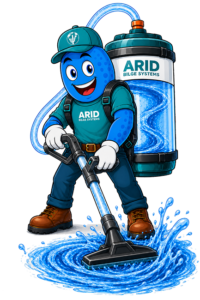 Dryver blue mascot in ARID Bilge Systems gear with a backpack sprayer, cleaning a wet floor with a spray wand.