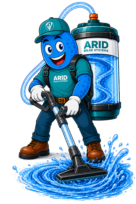 Dryver blue mascot in ARID Bilge Systems gear with a backpack sprayer, cleaning a wet floor with a spray wand.