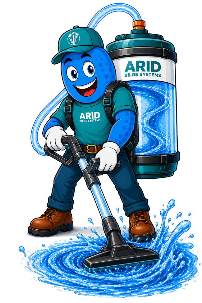 dryver-with-tank-and-vacuum-PNG-650 - Arid Bilge Systems Dryver blue water droplet mascot in green uniform and cap, operating a floor cleaner beside a large ARID Bilge Systems canister.