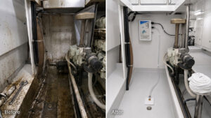 Arid Bilge Systems dry-bilge suction system with two pickup heads: Linear Tube Pickup for tight holes and corner sumps, and Rectangular Flat Pickup for high-capacity surface suction, connected by clear hoses.
