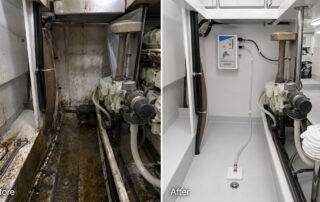 Arid Bilge Systems dry-bilge suction system with two pickup heads: Linear Tube Pickup for tight holes and corner sumps, and Rectangular Flat Pickup for high-capacity surface suction, connected by clear hoses.