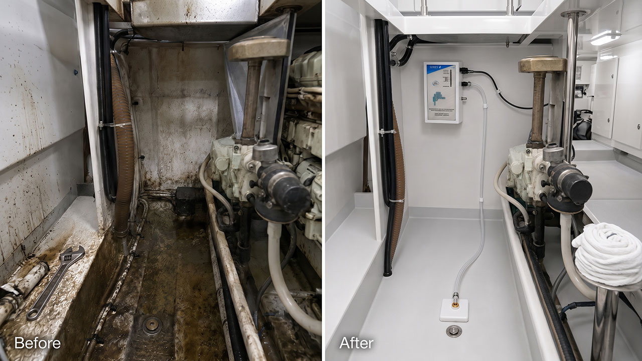 Arid Bilge Systems dry-bilge suction system with two pickup heads: Linear Tube Pickup for tight holes and corner sumps, and Rectangular Flat Pickup for high-capacity surface suction, connected by clear hoses.