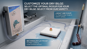 Industrial dry-bilge suction system with two pickup heads: Linear Tube Pickup for tight holes and corner sumps, and Rectangular Flat Pickup for high-capacity surface suction, connected by clear hoses.