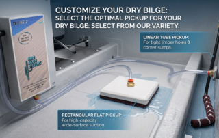 Industrial dry-bilge suction system with two pickup heads: Linear Tube Pickup for tight holes and corner sumps, and Rectangular Flat Pickup for high-capacity surface suction, connected by clear hoses.