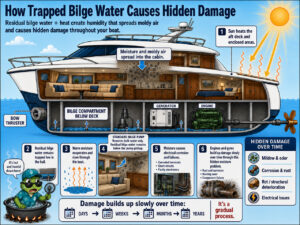 Educational cutaway of a yacht showing how residual bilge water and heat cause moisture, mold, and hidden damage inside the hull.