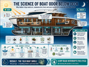Cross-section diagram of a yacht showing bilge odor sources (oil, fuel traces, bacteria, organic material) and the odor cycle, with day/night sections and labeled areas like bilge compartment and gutters.