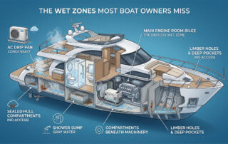 Cross-section view of a yacht with labeled interior systems and access points, including engine room, compartments, and hull features.