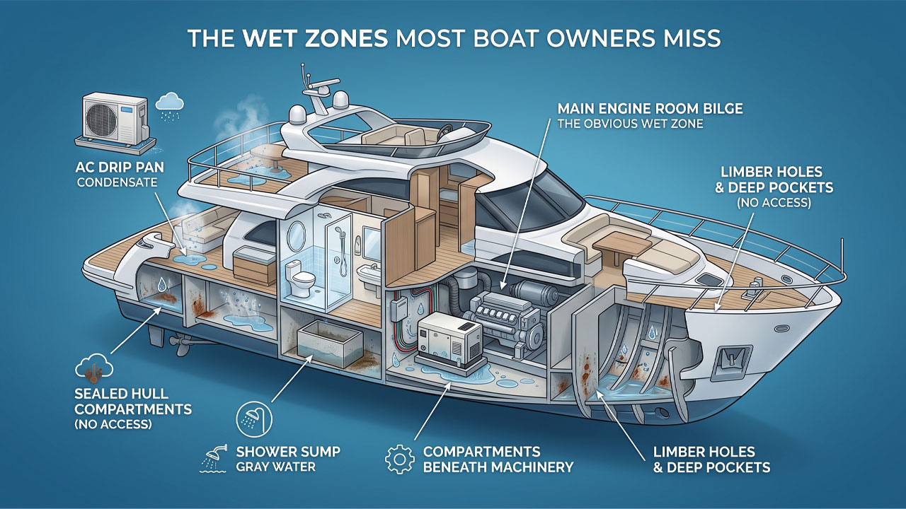Cross-section view of a yacht with labeled interior systems and access points, including engine room, compartments, and hull features.