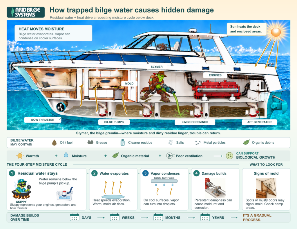 Conceptual boat cutaway showing standing bilge water and possible moisture movement into connected compartments.