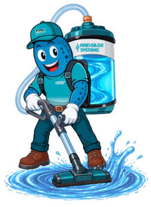 Cartoon blue mascot in teal with cap and backpack vacuuming a blue puddle; Arid Bilge Systems branding visible on the backpack.