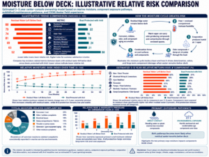 Infographic comparing moisture risk below deck, with trend metrics, a moisture-cycle diagram, risk over time, and exposure pathways.