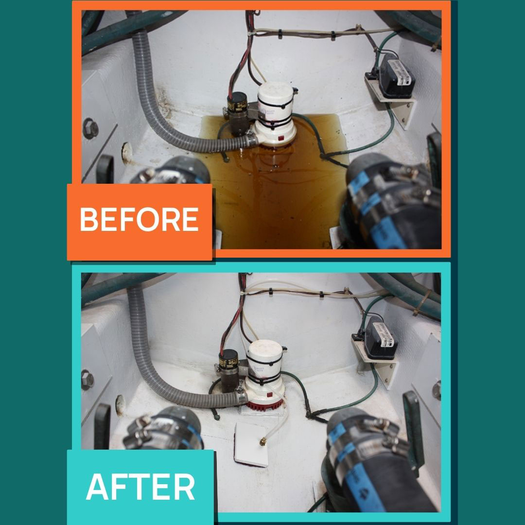 Before-and-after collage of a boat bilge area: the top labeled BEFORE shows a dirty, oily basin with hoses and equipment; the bottom labeled AFTER shows a clean, dry bilge with hoses and a pump.