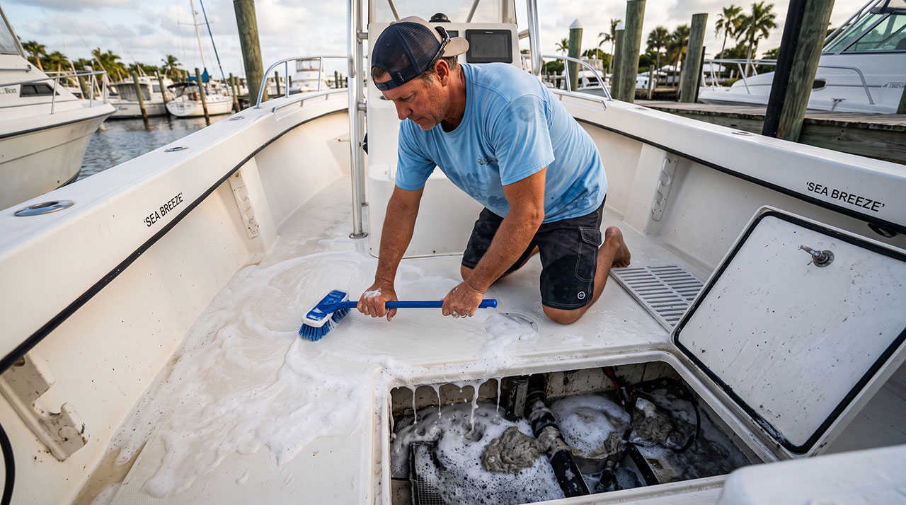 boat-being-cleaned-and-suds-1280x720 - Arid Bilge Systems Keep your Arid Bilge System running longer. Learn how to clean pickups, avoid foaming cleaners, read runtime changes, and wash your boat the right way.