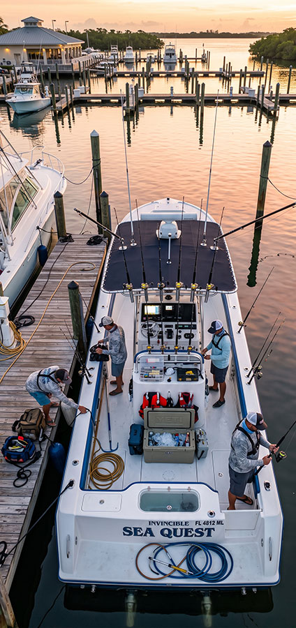 Top-down view of the white fishing boat Sea Quest docked at a marina at sunset, with anglers fishing from the stern.