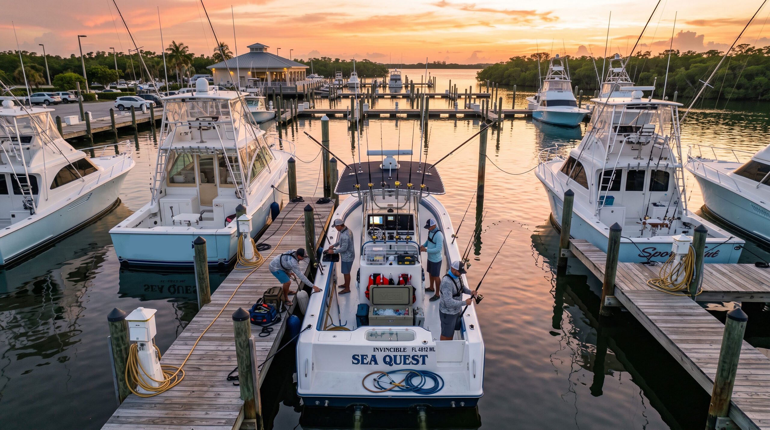 center-console-at-dock-1280x720-format - Arid Bilge Systems Sunset over a marina with several white boats docked at piers and calm water reflecting the orange sky, center boat named Sea Quest in view.