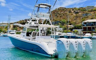 Blue-hull Everglades center console with a tower and four outboard engines at a marina