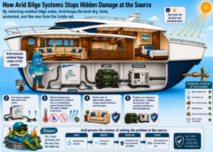 Cutaway yacht diagram showing Arid Bilge System removing residual bilge water to keep the boat dry and protected from inside out.