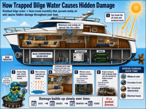 Cross section image that demonstrates how residual water causes issues in the bilge.