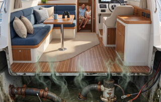 Cross-section of a luxury yacht: plush seating and helm above, with rusty pipes and steaming bilge below.