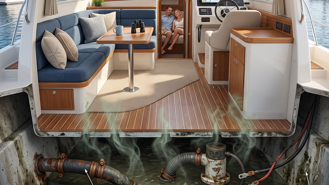 Cross-section of a luxury yacht: plush seating and helm above, with rusty pipes and steaming bilge below.