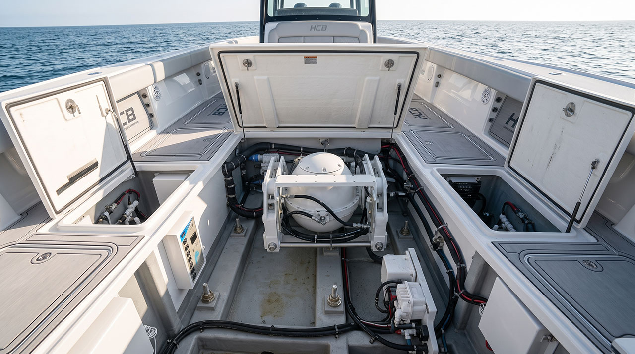Open boat engine bay with a central white circular component, surrounded by black and colored hoses and storage lockers, ocean in the background.