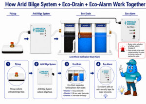 Infographic showing how pickup bilge fluid moves through the Arid Bilge System, Eco-Drain, and Eco-Alarm with a mascot on the side.