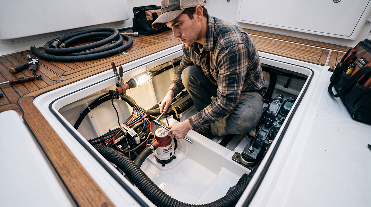 Man Working on Bilge Pump - The Real Cost of a Dry Bilge System vs. Adding More Bilge Pumps