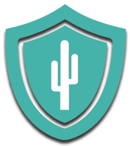 Teal shield badge with a black outline and a white cactus silhouette in the center.