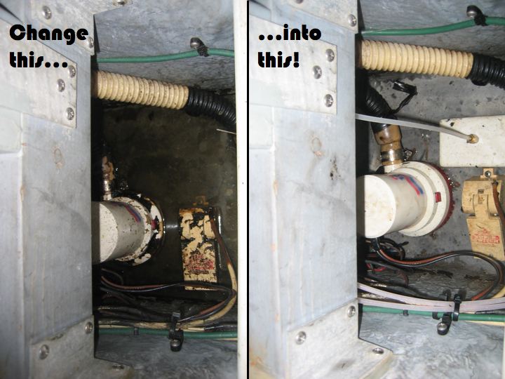 Original side-by-side aft sump photographs with a white pump, yellow float switch, hoses and wiring. A white rectangular pickup and tubing are visible above the pump at right.