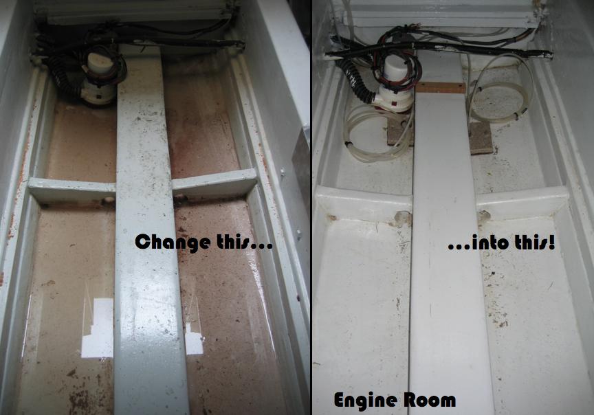 Original side-by-side photographs of a white engine-room bilge divided by structural members. The right view shows exposed surfaces, the rear pump and loops of tubing.