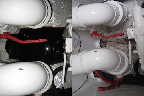 Archived side-by-side bilge comparison with white pipes and red valve handles.