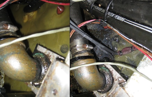 Archived side-by-side photographs of a bilge compartment surrounding a bronze pipe elbow.