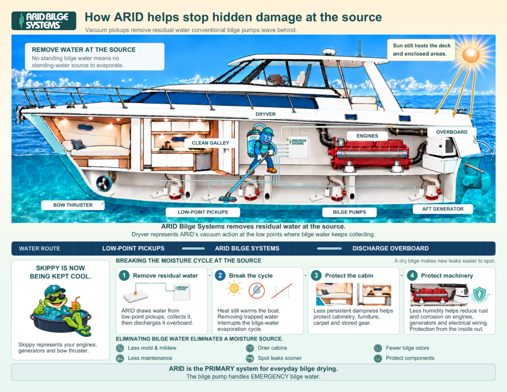 Dryver illustrates residual-water collection through low-point pickups while conventional bilge pumps remain in place.