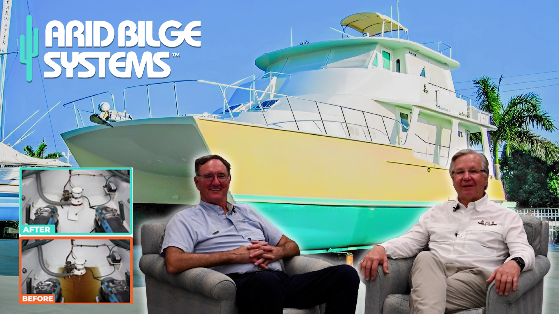 Brian Schmitt — powercat owner interview - Arid Bilge Systems Two men seated on a sofa in front of a large yacht backdrop; inset before/after bilge equipment panels and Arid Bilge Systems logo.