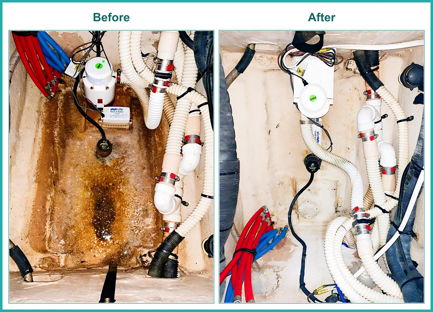 Before and after photographs of a hose-filled bilge compartment, shown from different camera positions.