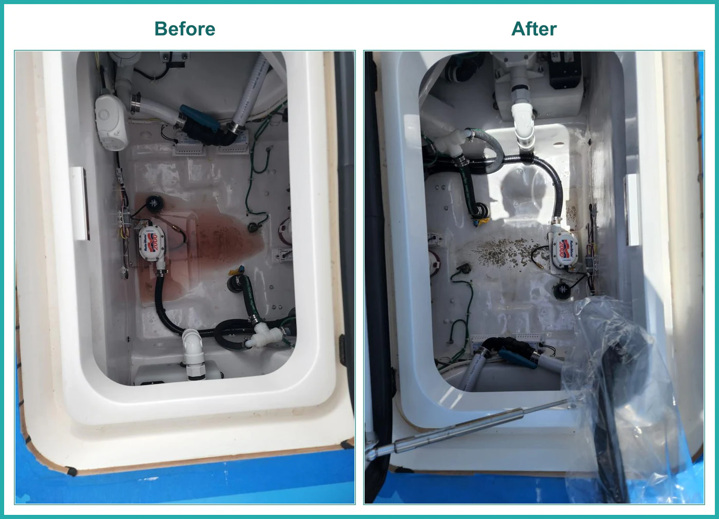 Before and after photographs of the same bilge compartment viewed from opposite ends of the hatch.