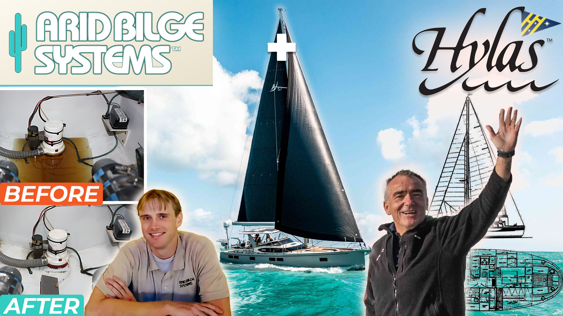 Hylas boat-builder interview thumbnail with original photography and the current Arid Bilge Systems logo.