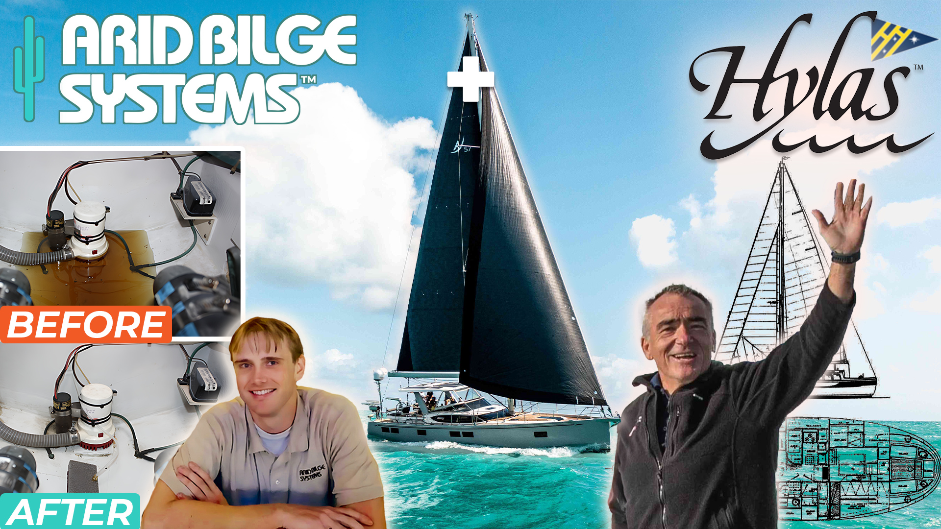 Hylas - White Logo Turquoise Cactus - Arid Bilge Systems Hylas Yachts and Arid Bilge Systems interview thumbnail with Kevin Wensley and Alfred Baurley.