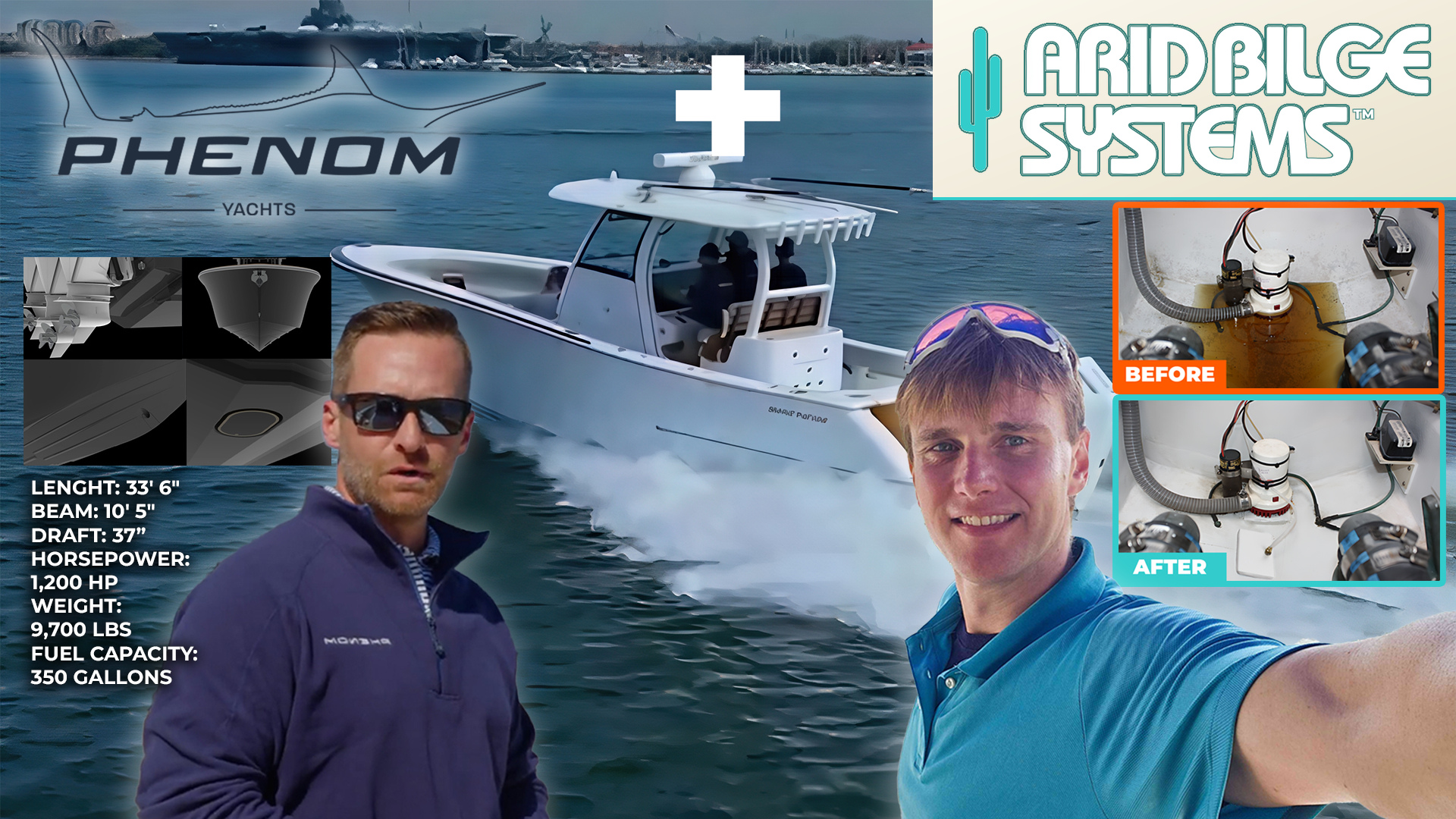 Phenom Yachts boat-builder interview thumbnail with original photography and the current Arid Bilge Systems logo.