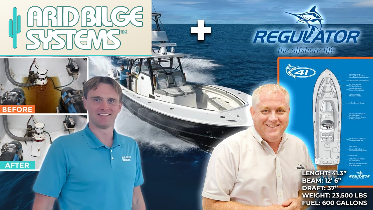 Regulator interview thumbnail with a boat, two speakers, a bilge comparison, and the current Arid Bilge Systems logo.
